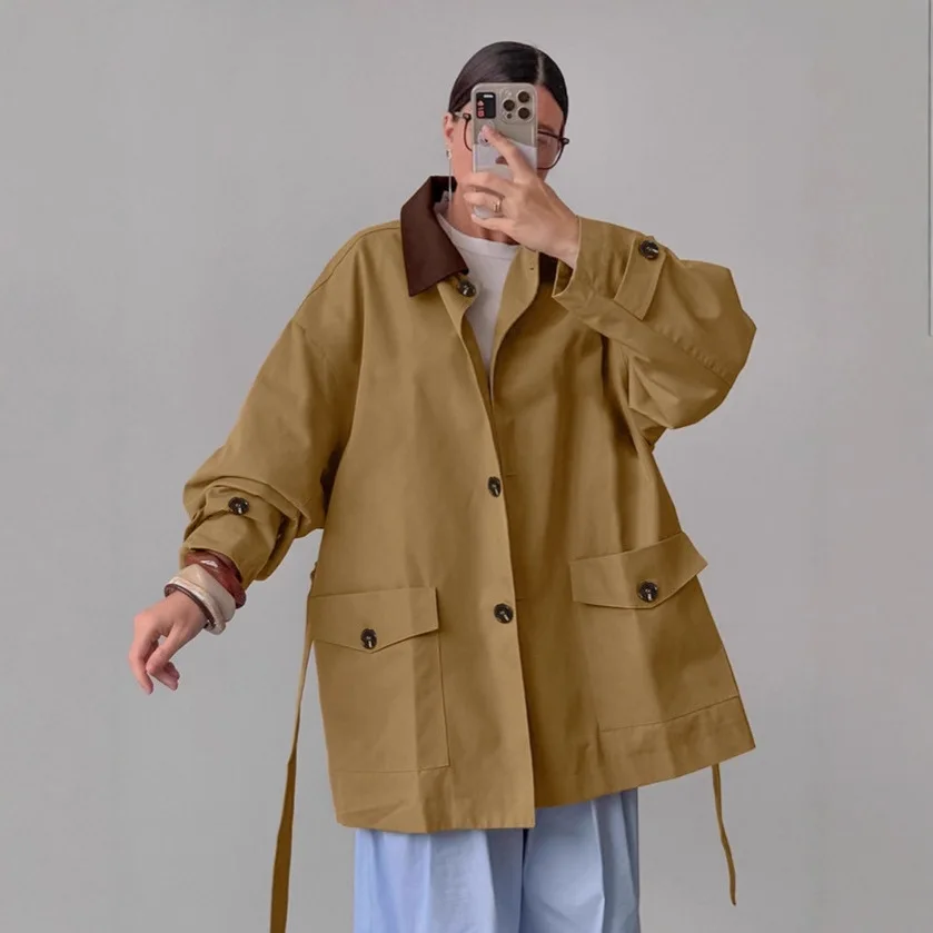 

Vintage Khaki Autumn Women's Trench Coat Lace Up Turn Down Collar Pockets Button Female Jacket Slouchy-Style Casual Top For Lady