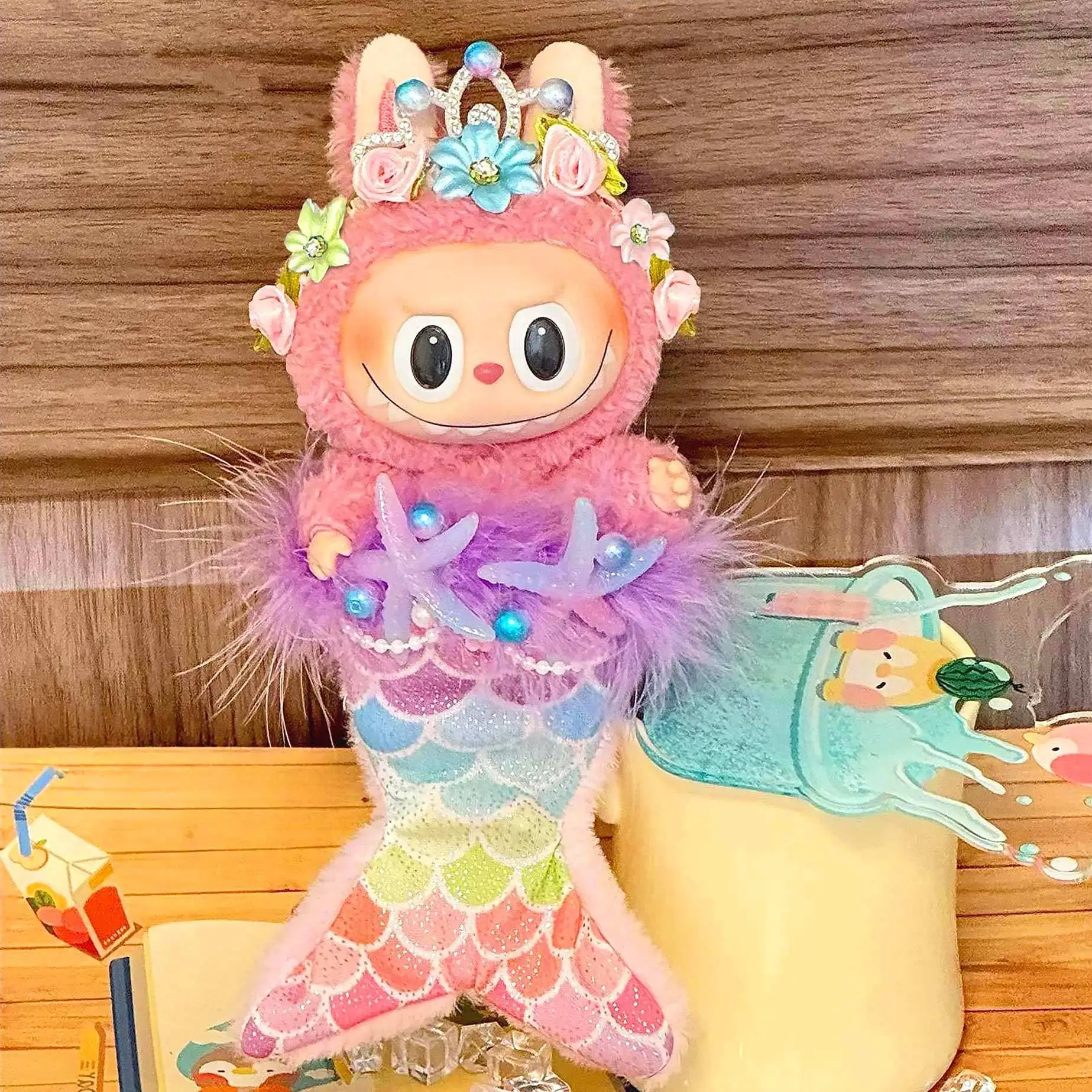 

Labubu Clothes For 17CM Vinyl Plush Toy Fairy Mermaid Dress Sets Pearl Shell Skirt Flower Crown Headwear Clothing Accessoy Gifts