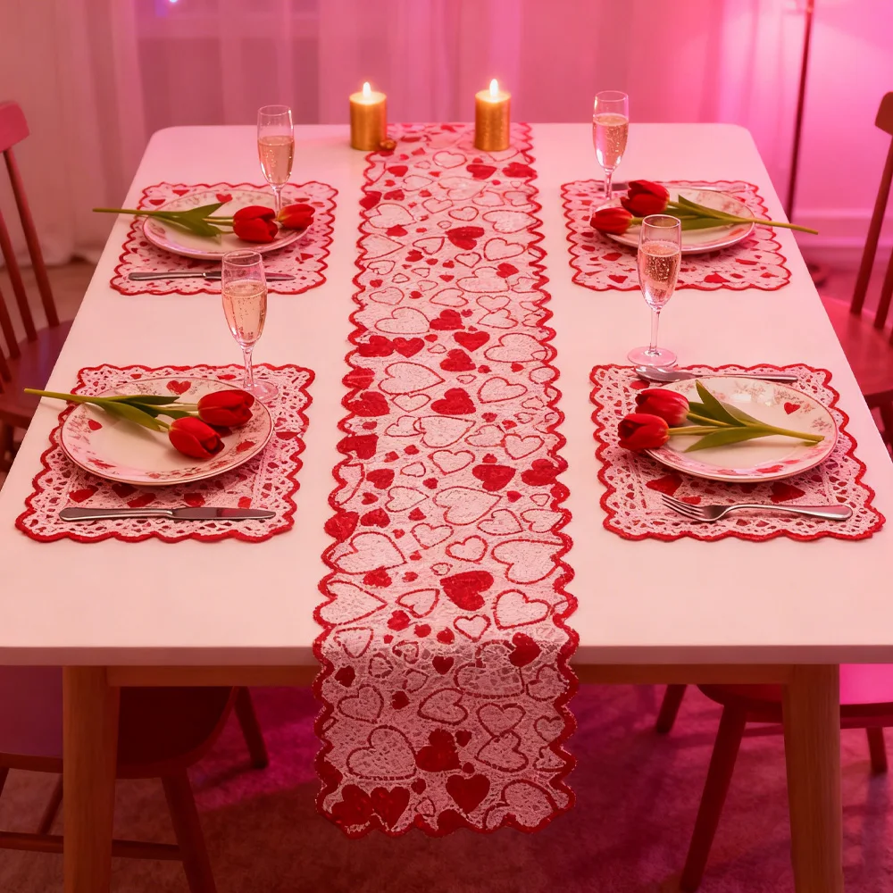 Valentine’s Day Red Heart Table Runner and Placemat Set – Romantic Table Decor for Couples Dinner and Festive Home Celebrations 2