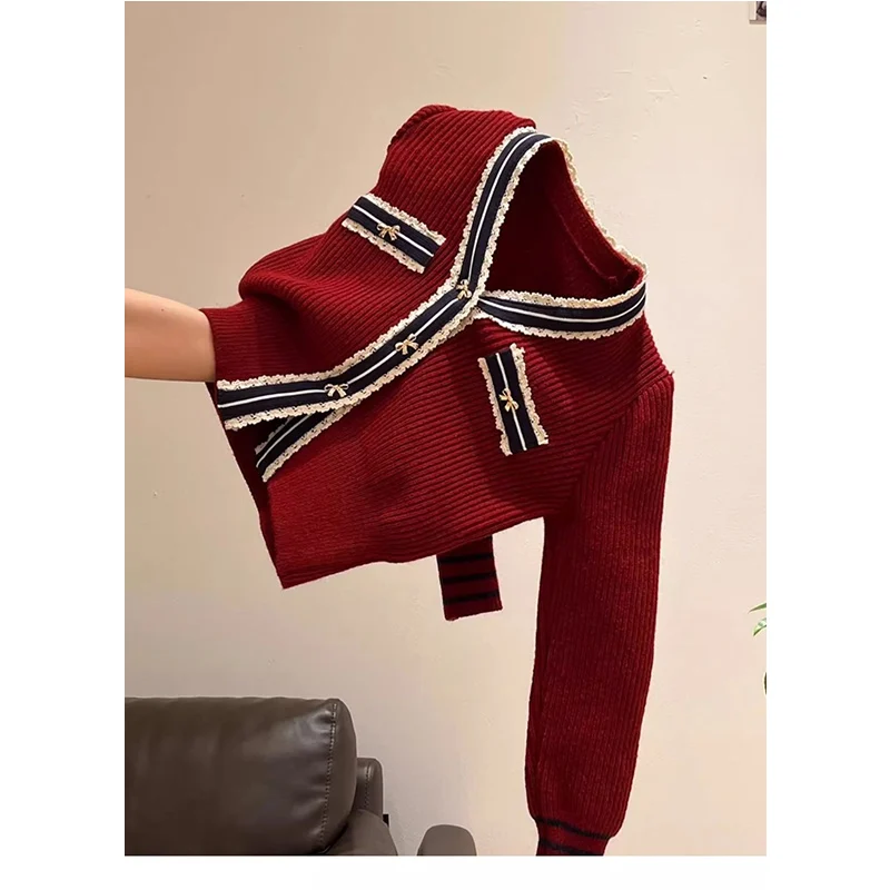 

Autumn Winter Preppy Style Patchwork V-neck Long Sleeve Knitting Cardigan Femme Fashionable Buttons Thick Sweater Coat Women