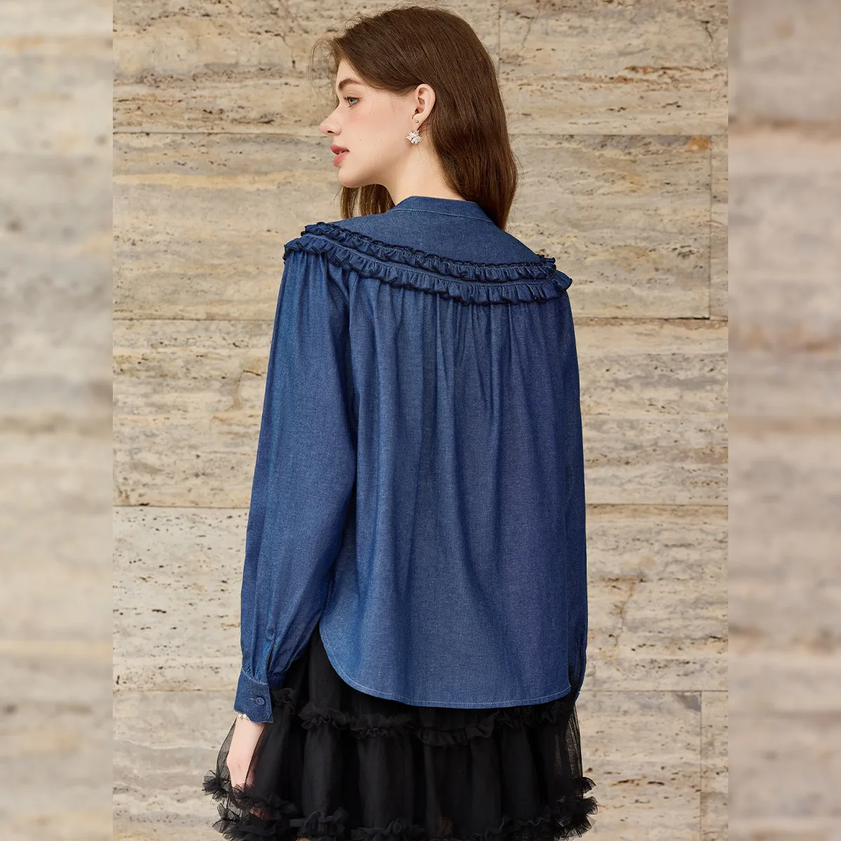 LOUIS YAO Double-layer Ruffled Women's Blouses 2025 Autumn Cotton 100% Women Shirts Stand-up Collar Long-sleeved Shirt