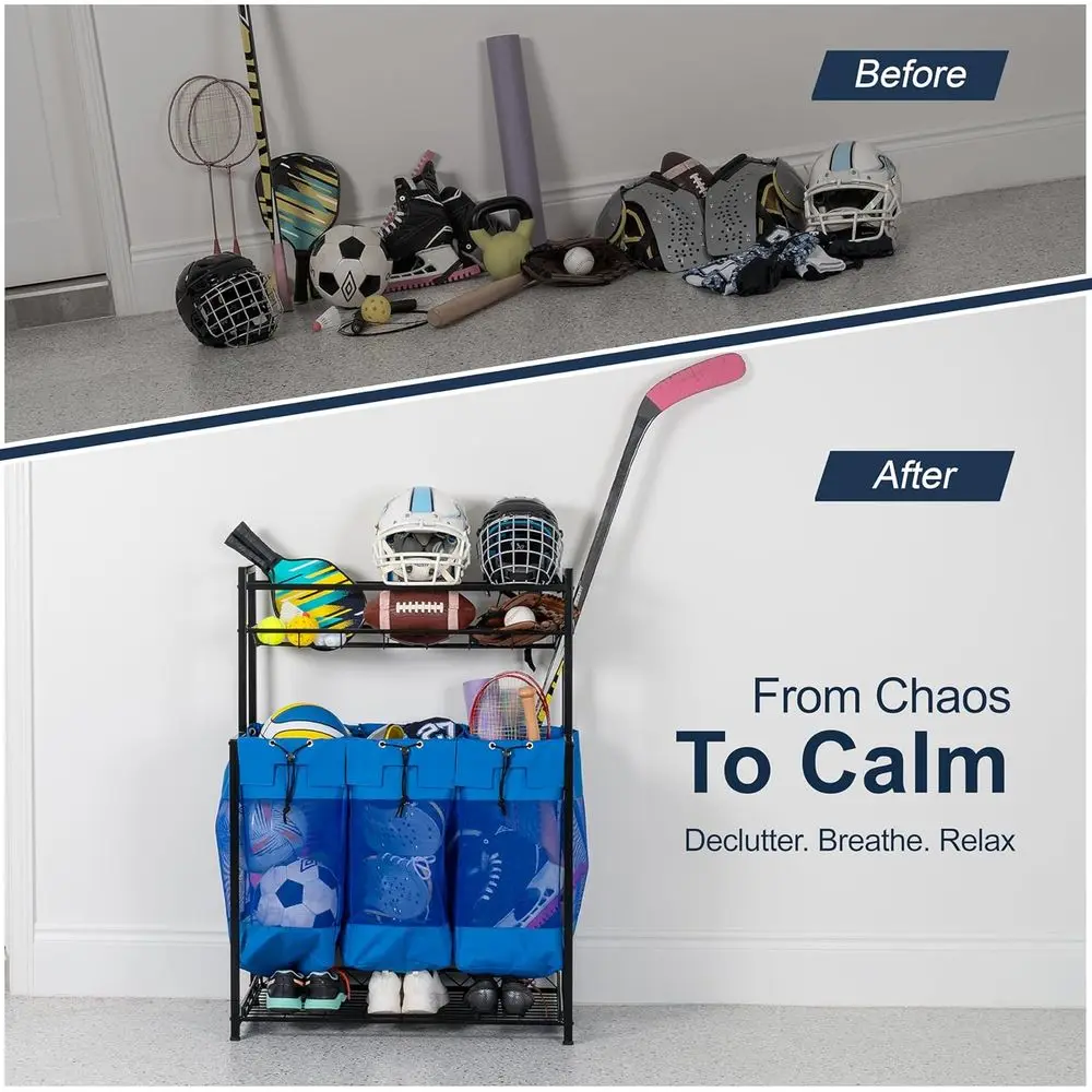 رف تخزين المعدات الرياضية الزرقاء شديدة التحمل مع حقائب محمولة للكرات والألعاب #2