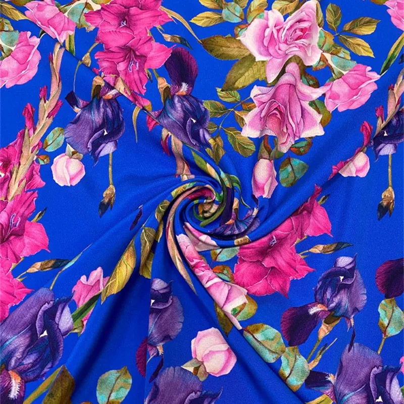 Heavy Crepe 30 Momme Pure Silk Fabric Elegant Blue Bottom Flower Print Wrinkle Resistant and Non Ironing High End Dress Fabric