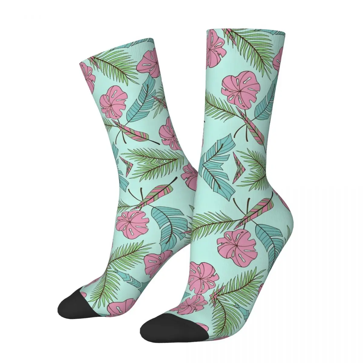 Coral Pink And Cyan Green Palm Monstera Tropical Leaves Pattern Comforter Kawaii Socks Sports Cartoon Pattern Socks