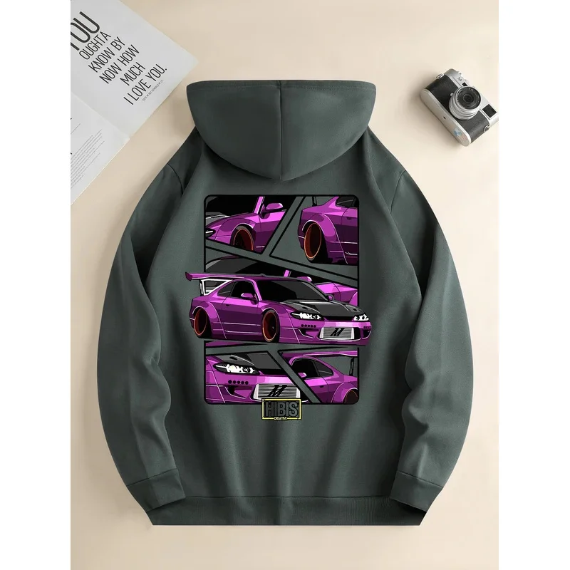 Men's new fashion hoodie, casual daily drawstring hooded sweatshirt car print, front kangaroo pocket, men's jacket