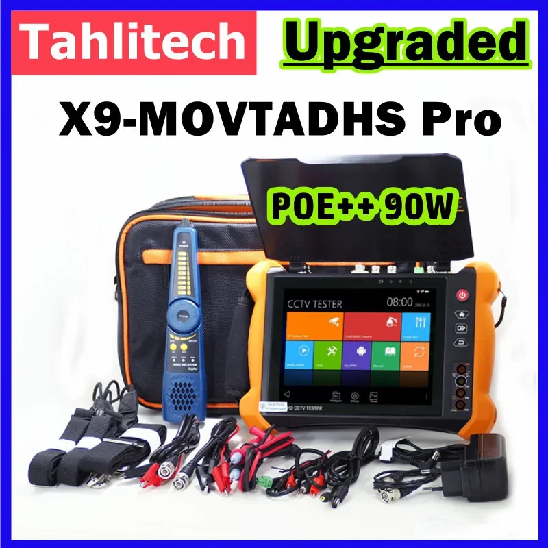 X9-MOVTADHS Pro 8K H.265 H.264 IP camera tester 8MP TVI AHD CVI camera tester with POE++ Max 90W Power Output POE Camera Tester