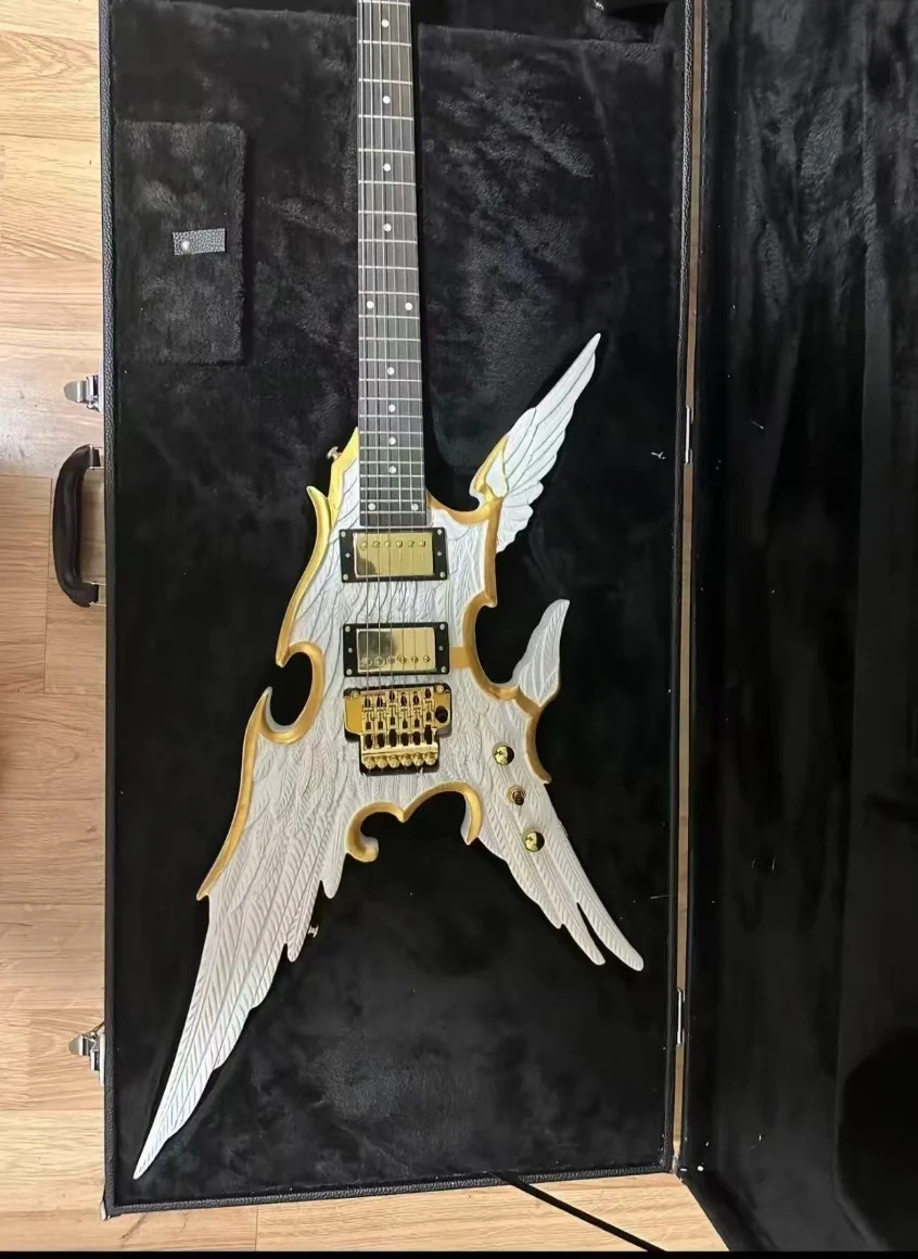 

Custom Engraved Angel Wings 6 Strings ES Style Electric Guitar with White Body Gold Rim HH Gold Hardware