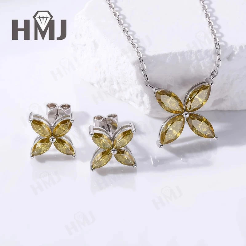 

Pendant Stud Earrings Jewelry Set Marquise Cut Moissanite Diamond 925 Sterling Silver Four-leaf Clover ​Factory Outlet Wholesale