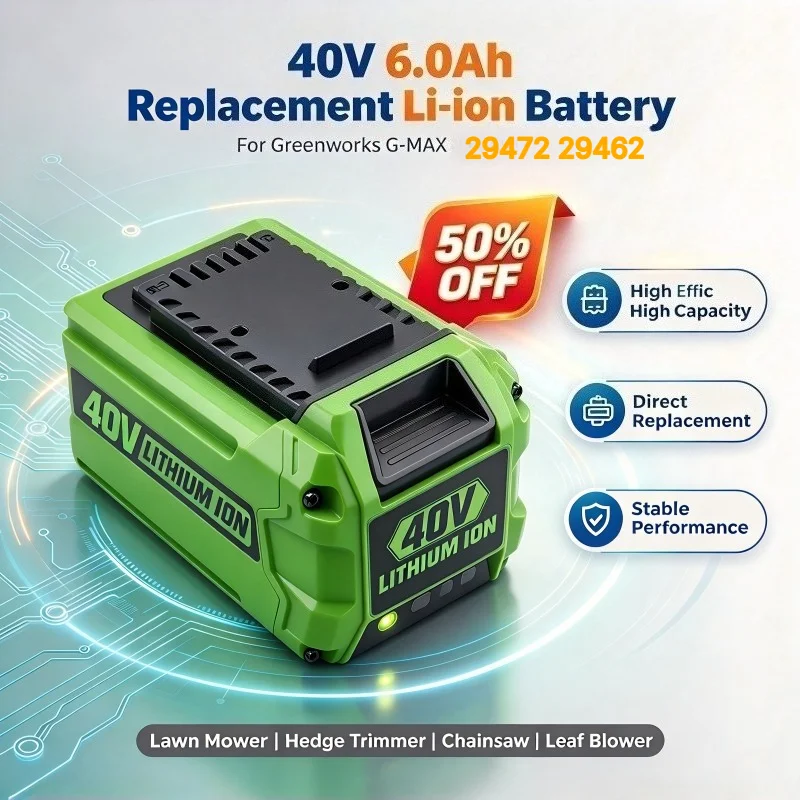 High Quality 40V 6.0Ah Replacement Li-ion Battery for Greenworks G-MAX 29472 29462 Lawn Mower Hedge Trimmer Chainsaw Leaf Blower