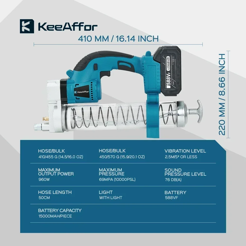 KEEAFFOR 960W 10000PSL Cordless Electric Grease Gun Brushless High Pressure Car Lubricating Oil Tool For Makita 18v Battery