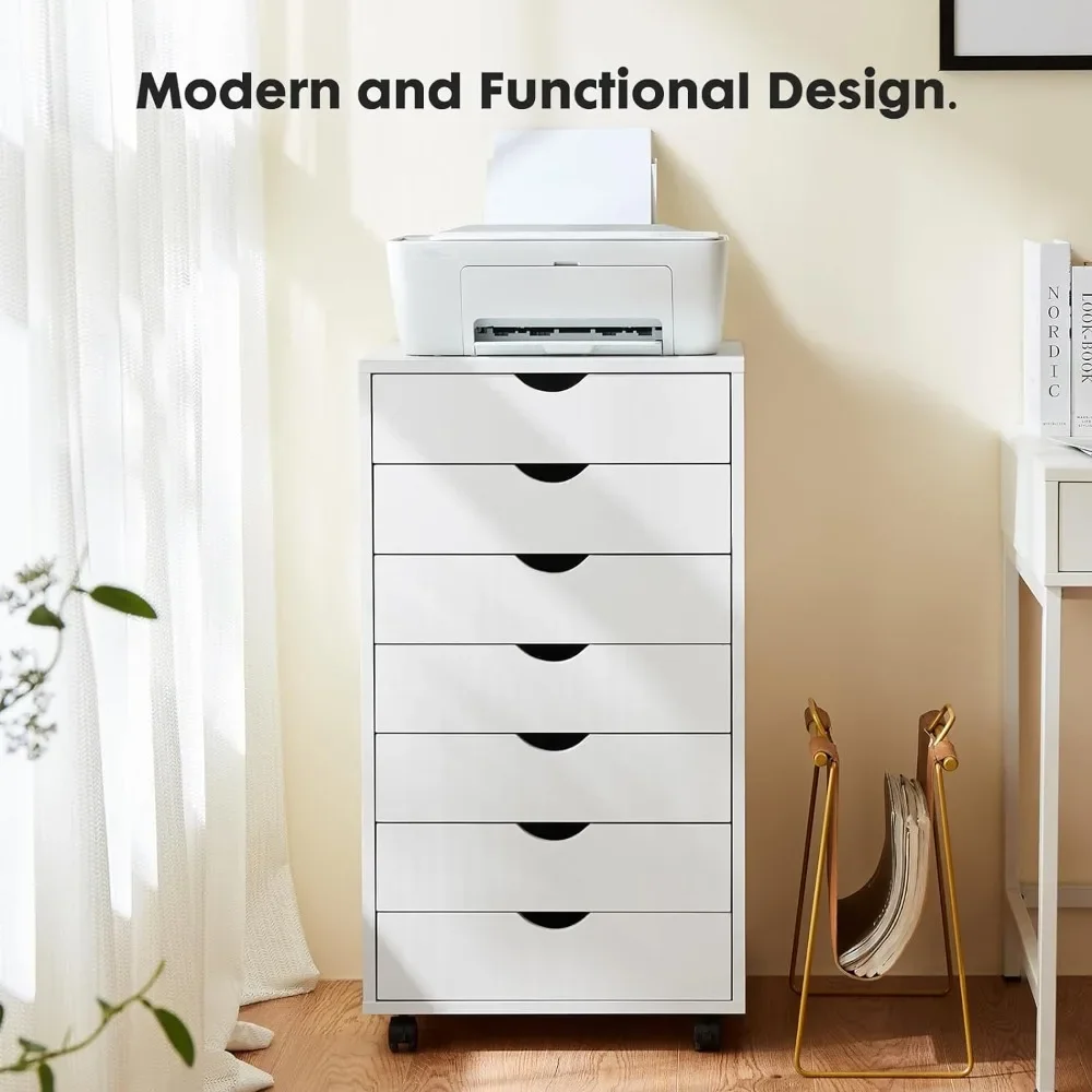 7 Drawer Chest - Storage Cabinets Dressers Wood Dresser Cabinet with Wheels Mobile Organizer Drawers for Office, Home, White