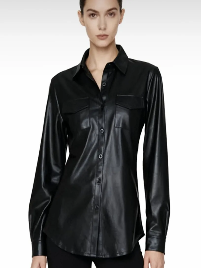 Femmes longue Sve PU cuir irt Jaet confortable coupe ample Faionable décontracté Sle avec poitrine ket tissu Polyester