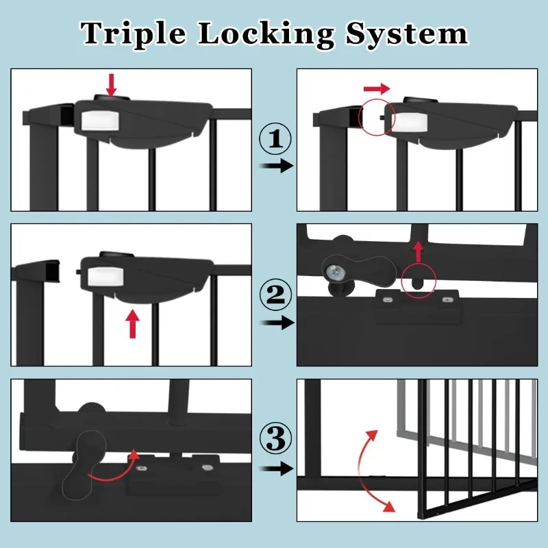 Triple Lock Baby Gate Extra Wide   Close Safety Black Metal Dog Pet Puppy Cat for Stairs,Doorways,Kitchen