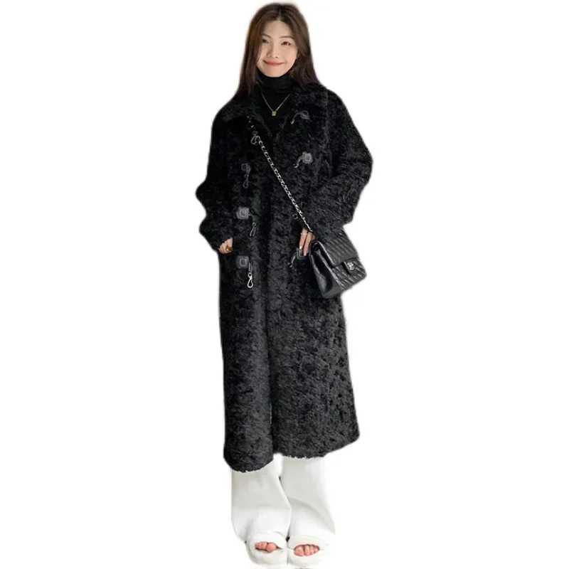 Black Lamb Wool Coat Women\'s Winter Cow Horn Button Loose Thick Winter Environmentally Friendly Fur Long Over Knee Outerwear 1Pc