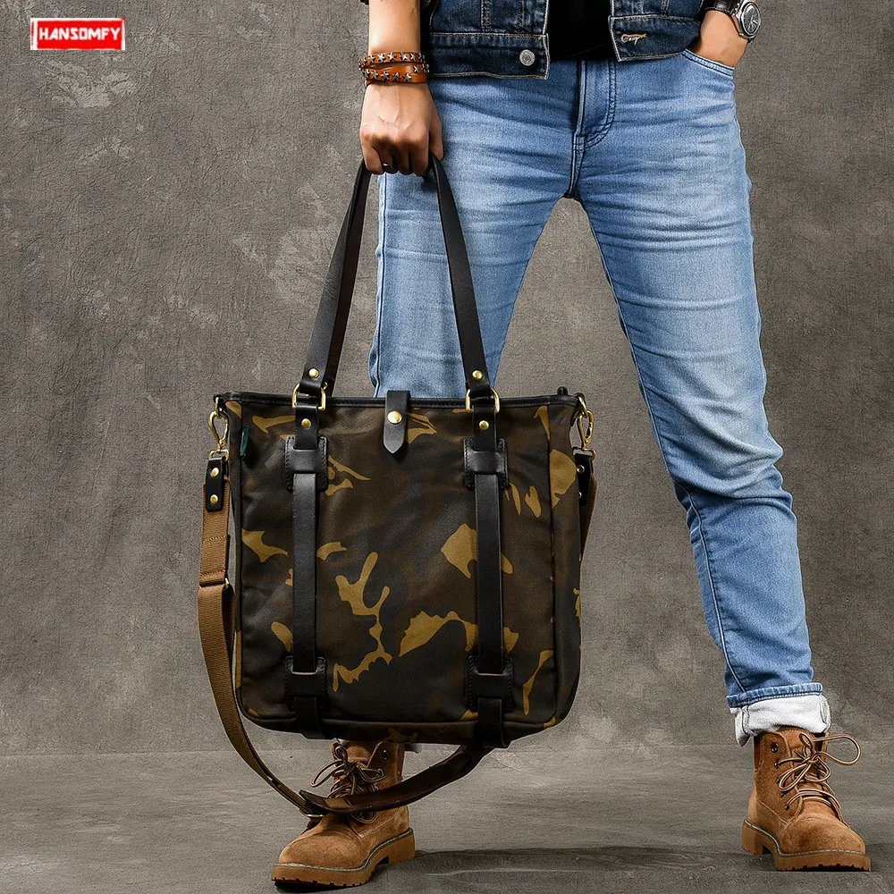 Canvas Men\'s Shoulder Messenger Tote Bag Camouflage Handbag Male Travel Crossbody Bags Vintage Oil Wax Leather Soft Men