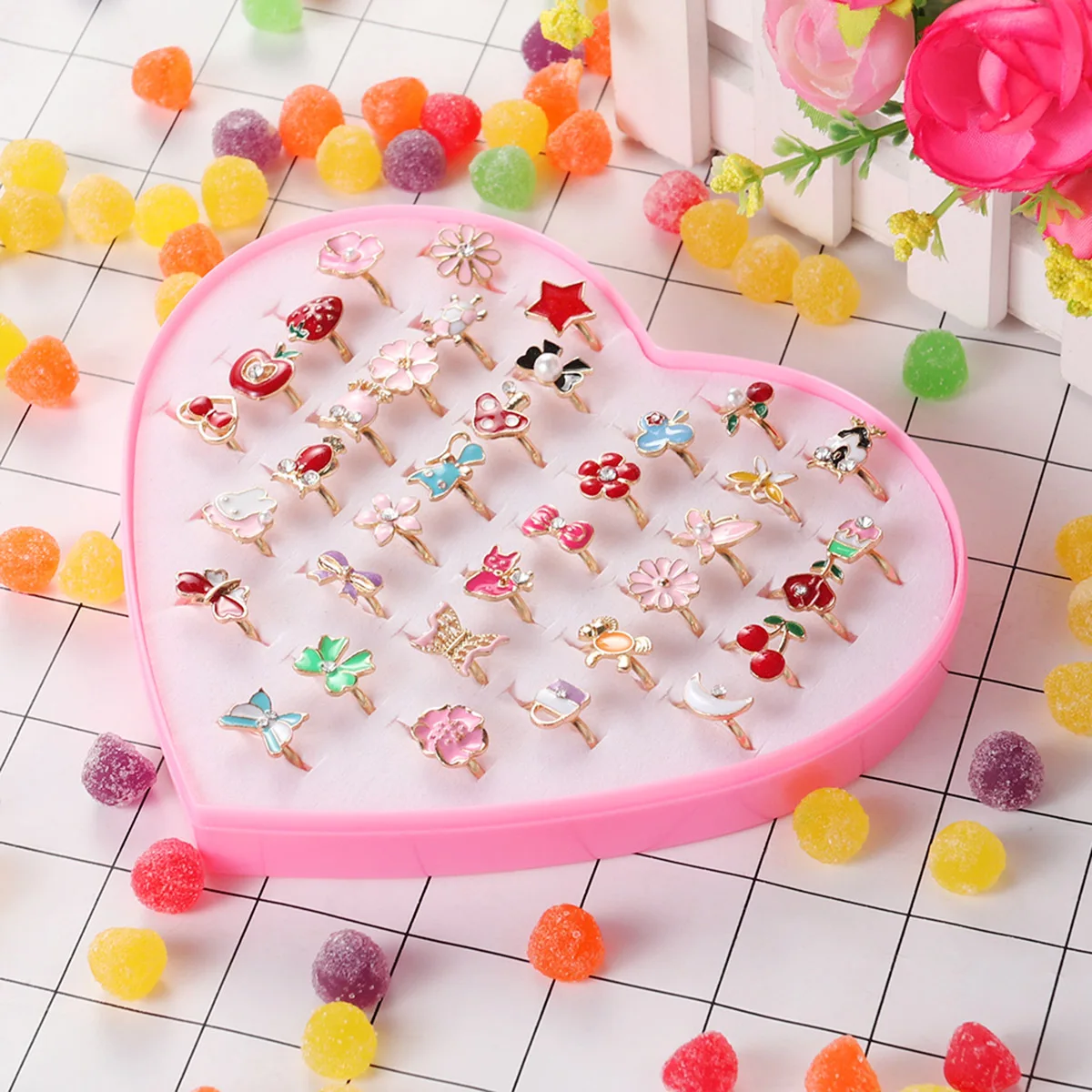 

36Pcs Kids Ring Set Diverse Shapes Colors Top Class Material Unique Design Easy to Match Ring for Girls Colorful Rings