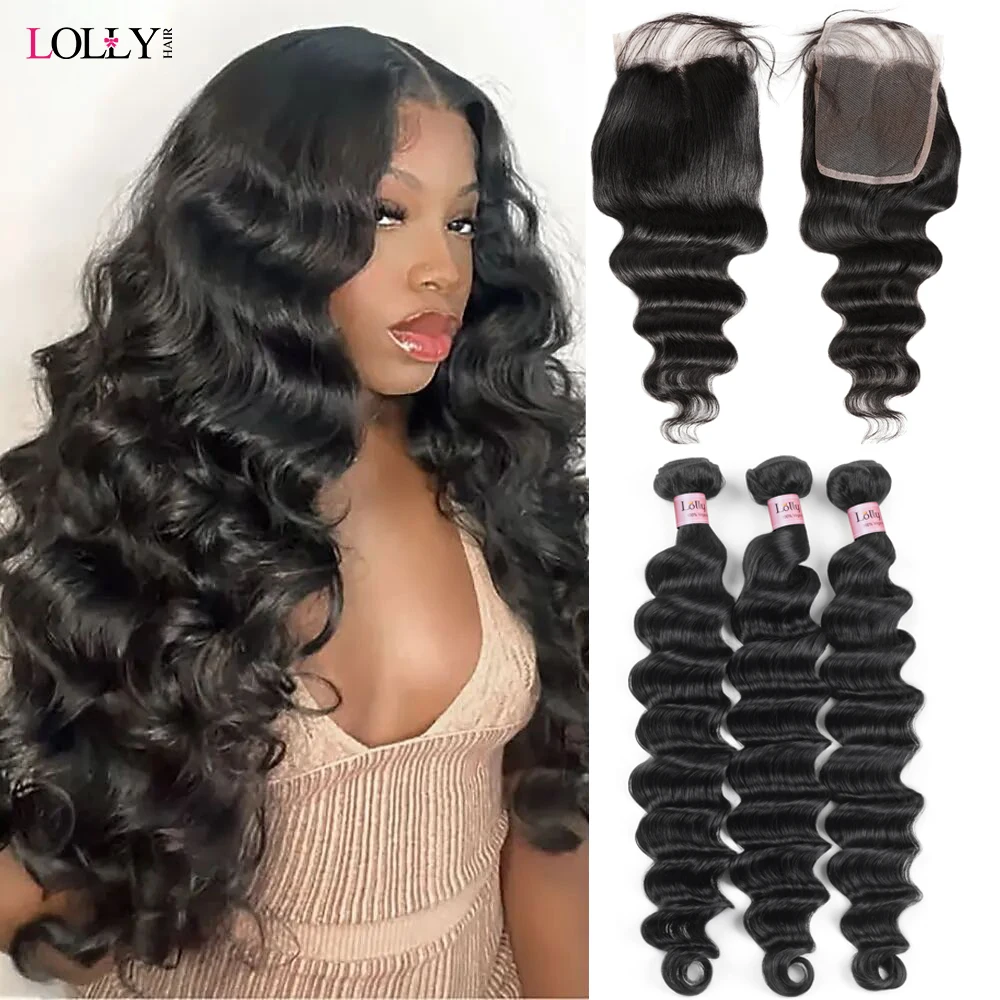 

Lolly Loose Deep Wave Bundles With Closure Brazilian Weave Bundles Hair With 4x4 Closure Deep Wave Bundles Human Hair 28 30 Inch