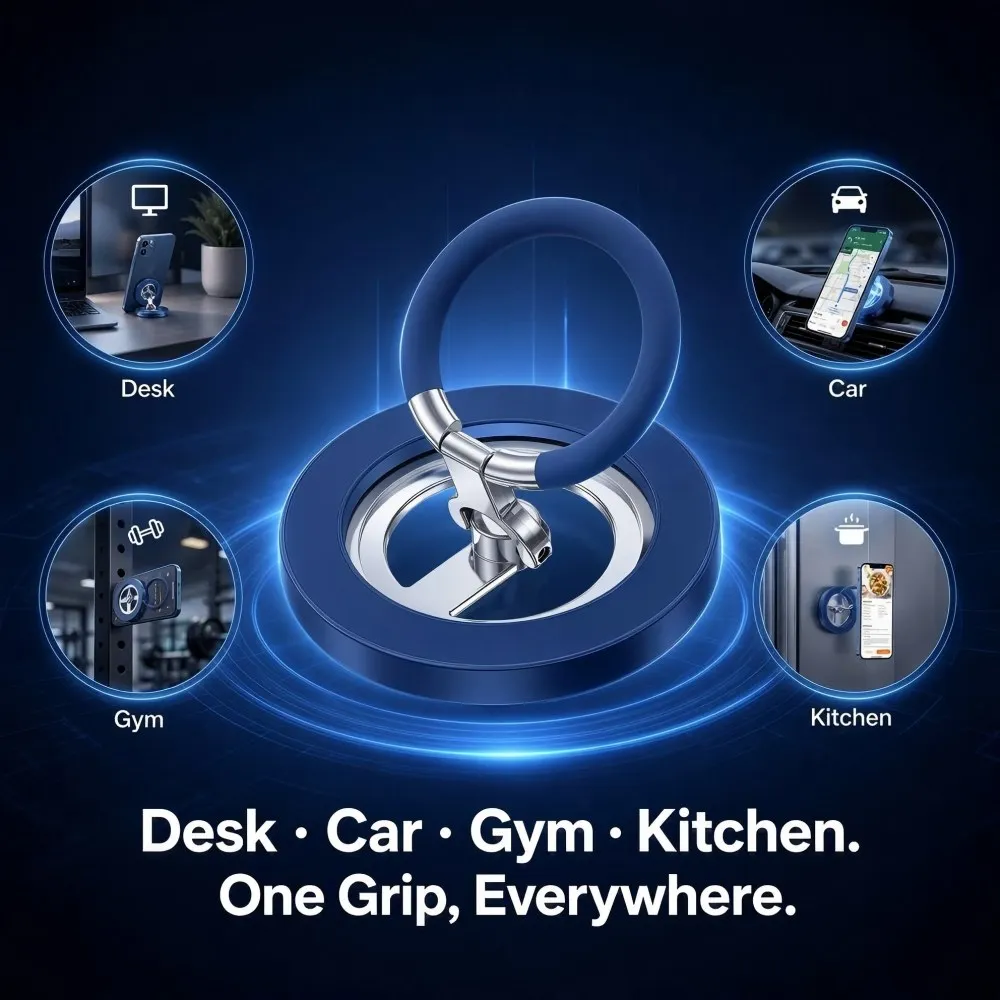 Two Sided Magnetic Phone Ring Holder 360 Rotation Metal Kickstand Finger Grip for MagSafe iPhone 16 15 Pro Samsung Car Mount view 2