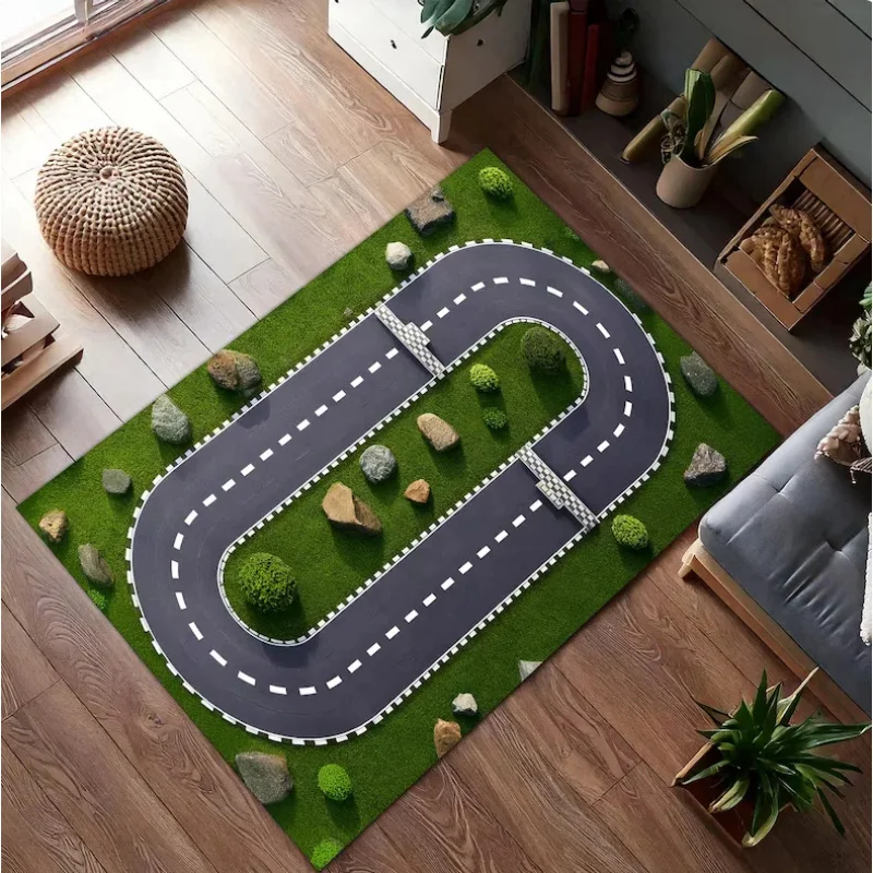 VIKAMA Race Track Play Mat, Non-Slip Soft Rug for Kids Bedroom, Interactive Game Carpet, Fun & Safe Floor Decor