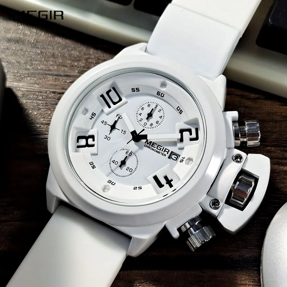 MEGIR Military Sport Watches Men White Silicone Strap Chronograph Quartz Wristwatch with Auto Date Waterproof Large Face 2002