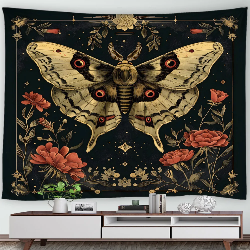 

Psychedelic Butterfly Tapestry Moth Dragonfly Fantasy Floral Vintage Bedroom Living Room Wall Hanging Decor Pink Black Tapestry