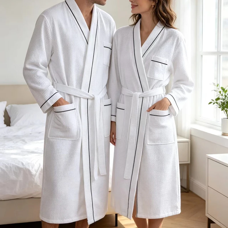 Spring And Autumn New Absorbent Bathrobe With Pockets And Belt Men And Women Sleepwear Home Clothes White Waffle Hotel Robe