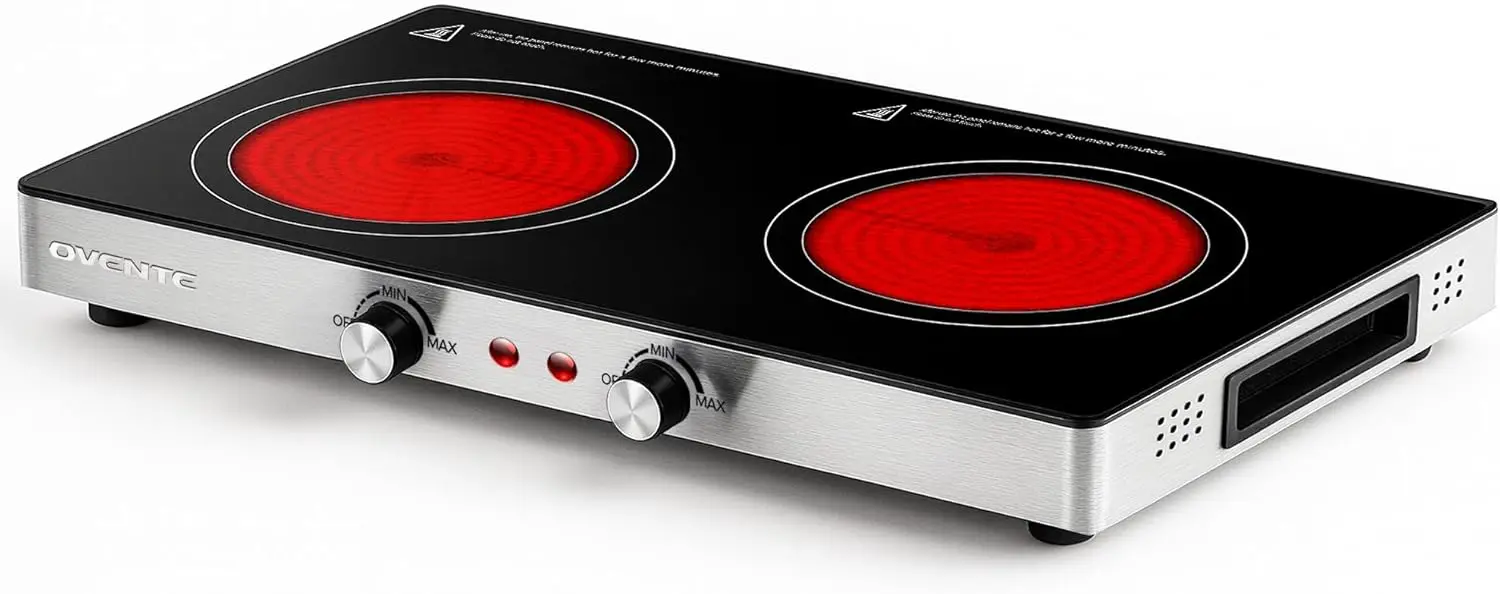 

Infrared Ceramic Double Burner, 1800W Electric Countertop Hot Plate with Black Crystalline Glass, Portable Stainless Steel