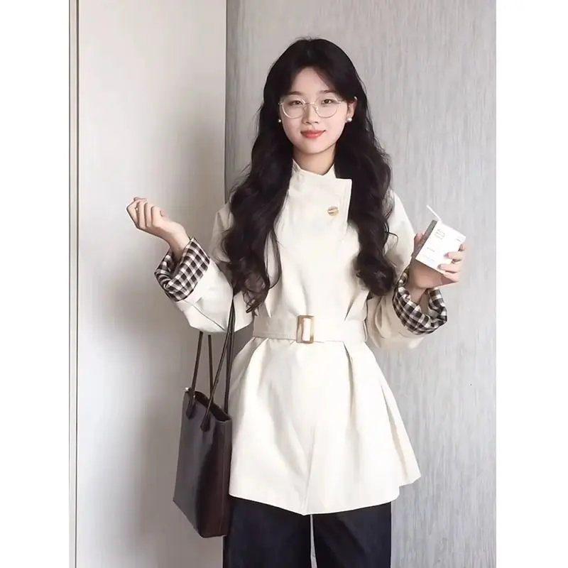 

White Stand Collar Midi Length Women's Windbreaker Coat Slim Fit Trendy Small Size Large Coat Autumn Winter High End Feel