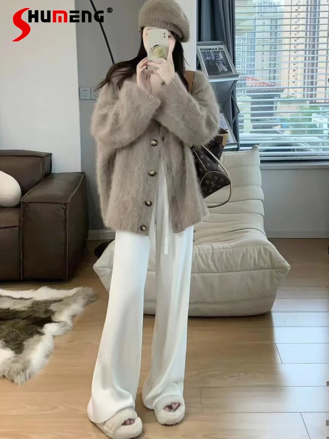 

Women's 2023 Fall Winter Fashion Suit V-neck Long-Sleeved Solid Color Sweaters Loose Knitted Cardigan White Long Wide-leg Pants