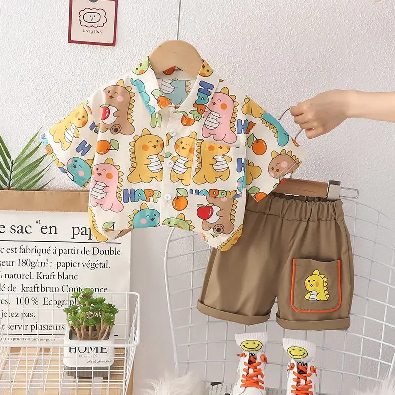 

Children Clothes Spring Cartoon Kids Boy Short Sleeve Full Printe Dinosaur Shirts Pants 2Pcs/Set Kid Fashion Toddler Tracksuits