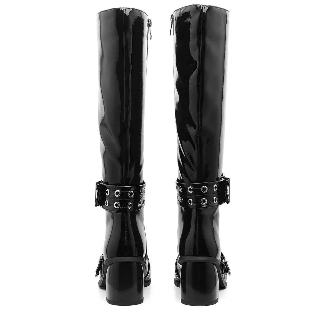 Chunky High Heel Pointed Toe Motorcycle Boots Side Zipper Buckle Patent Mid-calf Boots Fashion Street Snap Cool Punk Y2k Shoes