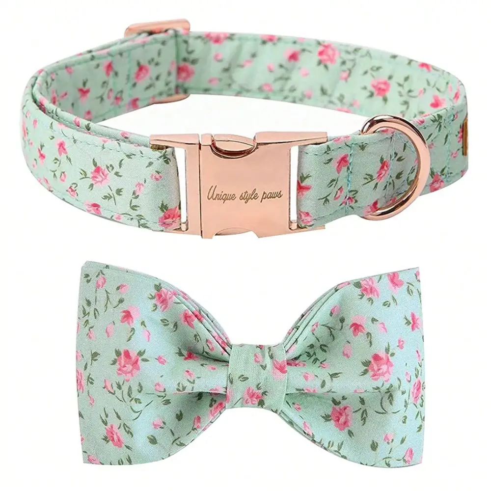 

Style Paws Adjustable Dog Collar With Bow Tie Light Green Design Soft Cotton Pet Collars For Small Medium Large Dogs, Cute Styl