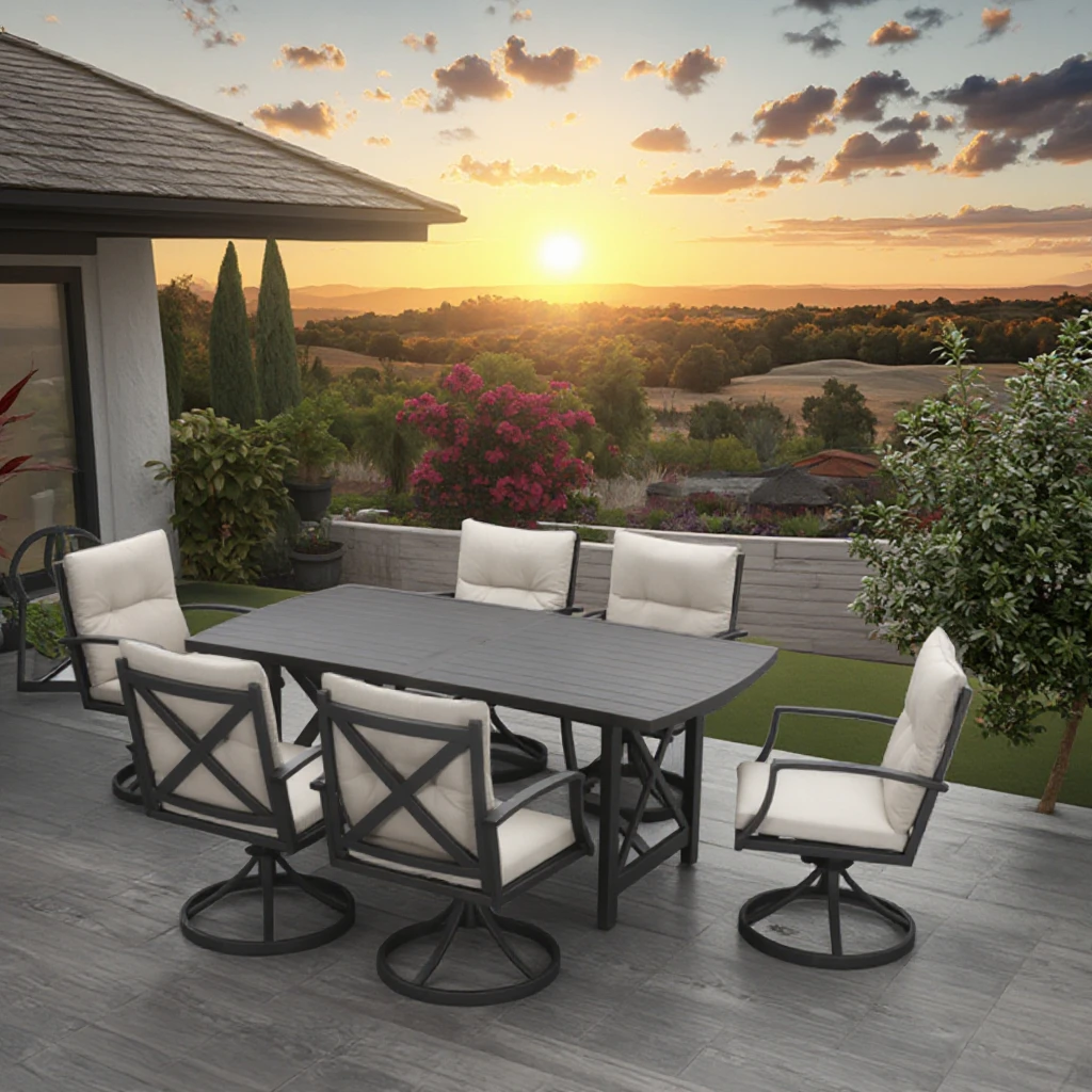

Modern 7-Piece Aluminum Patio Dining Set Lightweight 6 Swivel Chairs with Weatherproof Cushions for Hotels Entry Villas Bedrooms