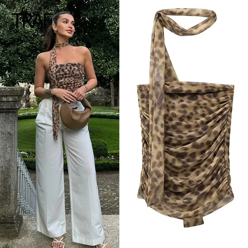 

TRAF Women's Tube Top Summer Ruffled Animal Print Top Sleeveless Backless Halter Top New In Vest Elegant Designer Tops Luxury