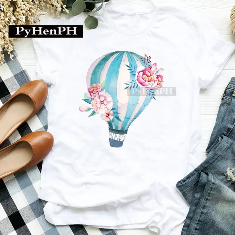 Super Hot Summer Fashion Hot Air Balloon Flamingo Print T-shirt Women's Casual Modal Short Sleeve Tops Graphic T Shirts