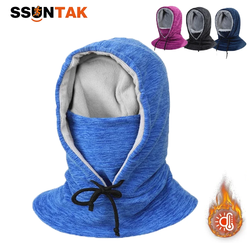 SSUNTAK Winter Thermal Balaclava Hood Hat Integrated Neck Warmer Fuzzy Fleece Lined Ear Cover Cap Men Women for Ride Ski Outdoor
