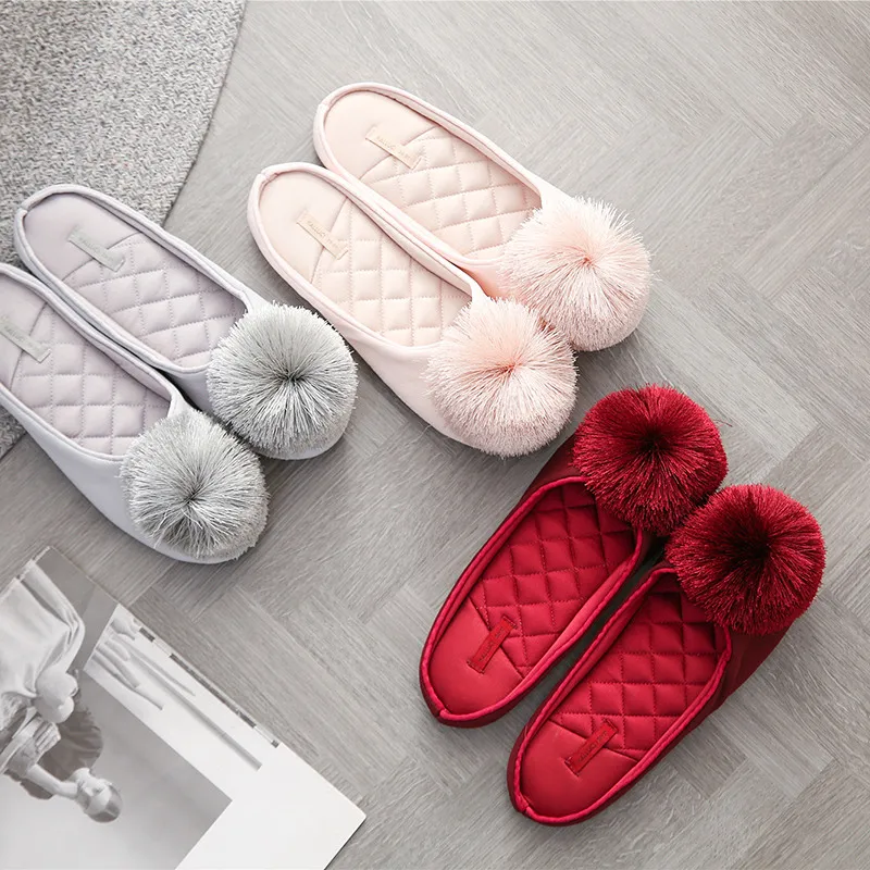 Women Satin Home Slippers With Plush Ball Cat Non-Slip Soft Warm House Indoor Bedroom Girl Memory Foam Floor Shoes