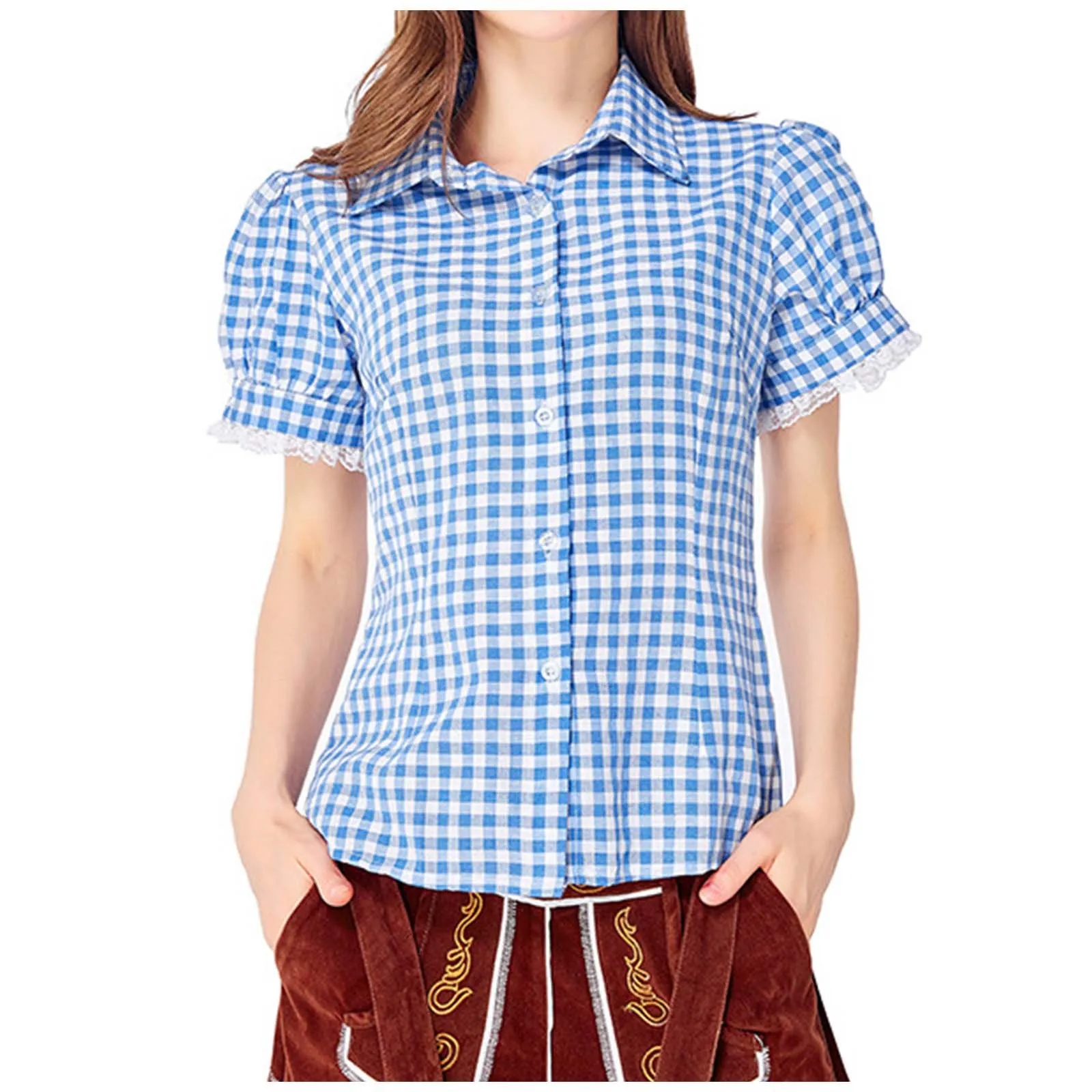 Bavarian Style Women's Oktoberfest Plaid Shirt Traditional German Checkered Blouse For Festivals Women Lace Tunic Shirts