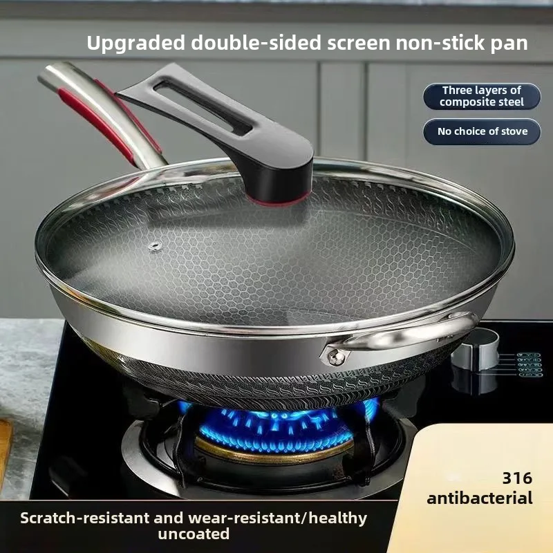 

Double-sided 316 stainless steel wok Household non-stick skillet flat non-coated wok induction cooker gas stove universal