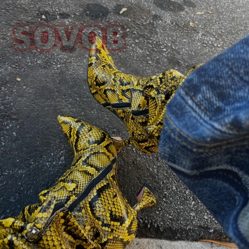 الأصفر الأفعى نمط الجانب سستة الأحذية مثير أشار تو متوهج الكعوب منتصف العجل الأحذية عارضة مكتب ربيع الخريف الأحذية النسائية