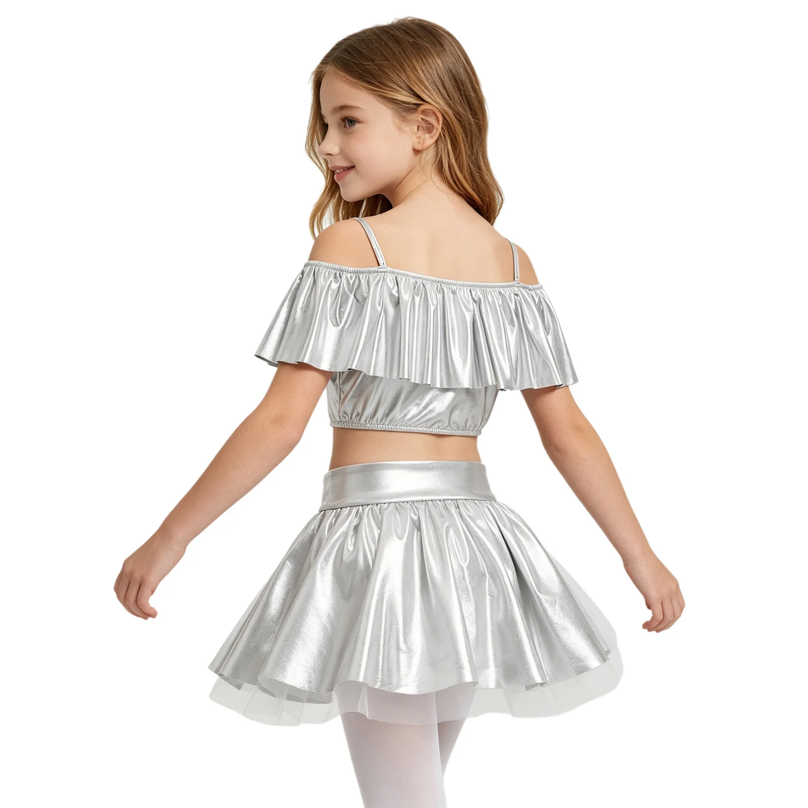 Children Girls Hip Hop Jazz Street Dance Cheerleading Outfits Off Shoulder Spaghetti Straps Metallic Ruffles Crop Top with Skirt