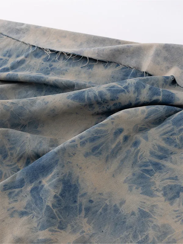 Faded Tie Dye Denim Designer Fabric with Multi Step Sand Washed Surface for Utility Vest Creation and Expressive Runway Styling