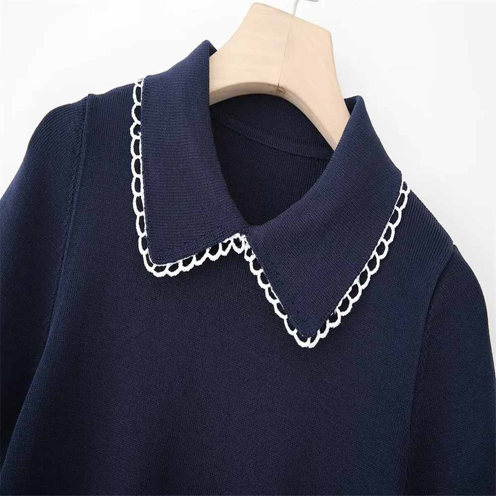 Haut tricoté décontracté à manches courtes et revers pour femme, nouveau produit d'automne de style européen et américain