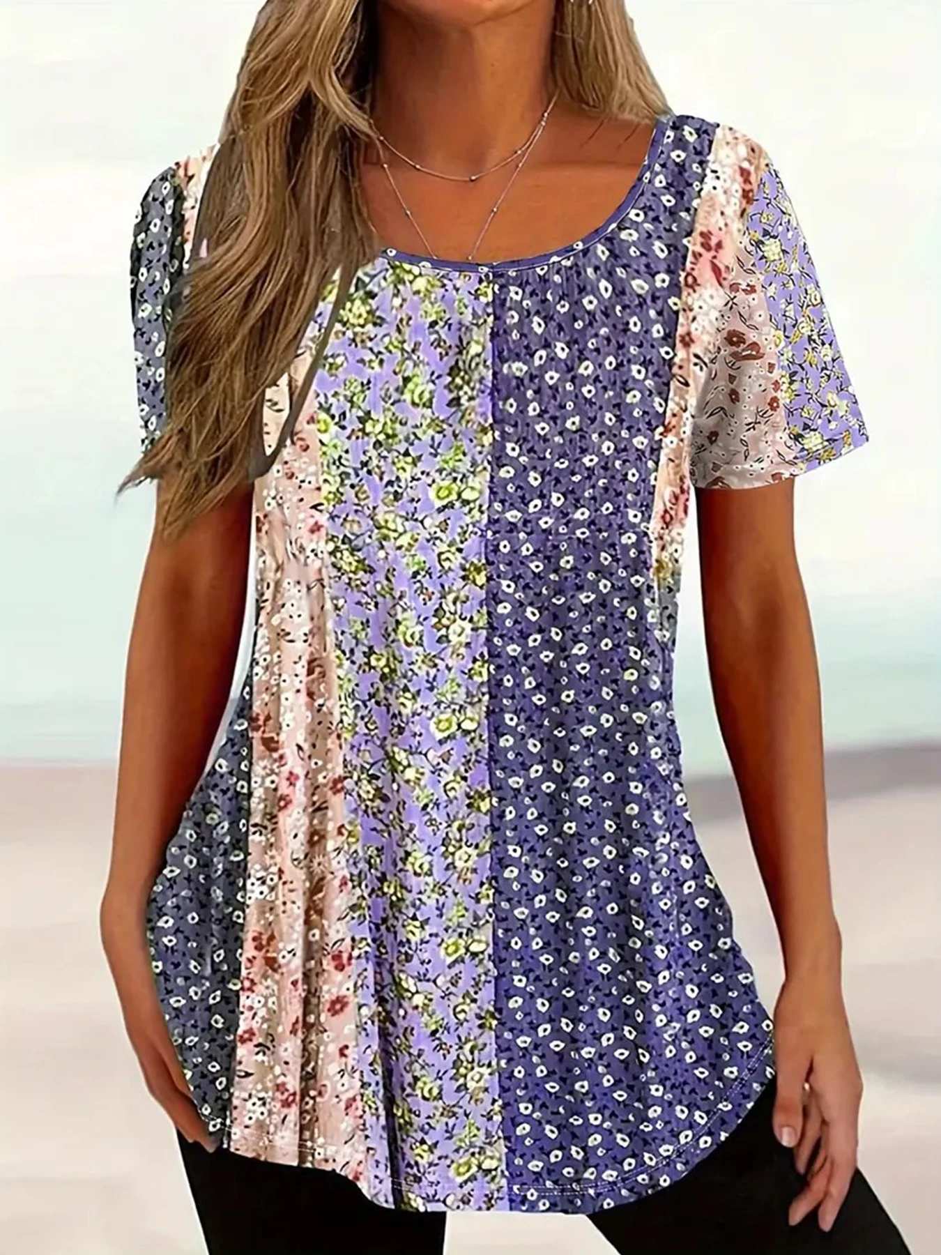 

Women’s T-shirt Printed Round Neck Graphic Tee Short Sleeve Women Pullover Pleated Dressy Casual Blouse Summer Tops Trendy 2025