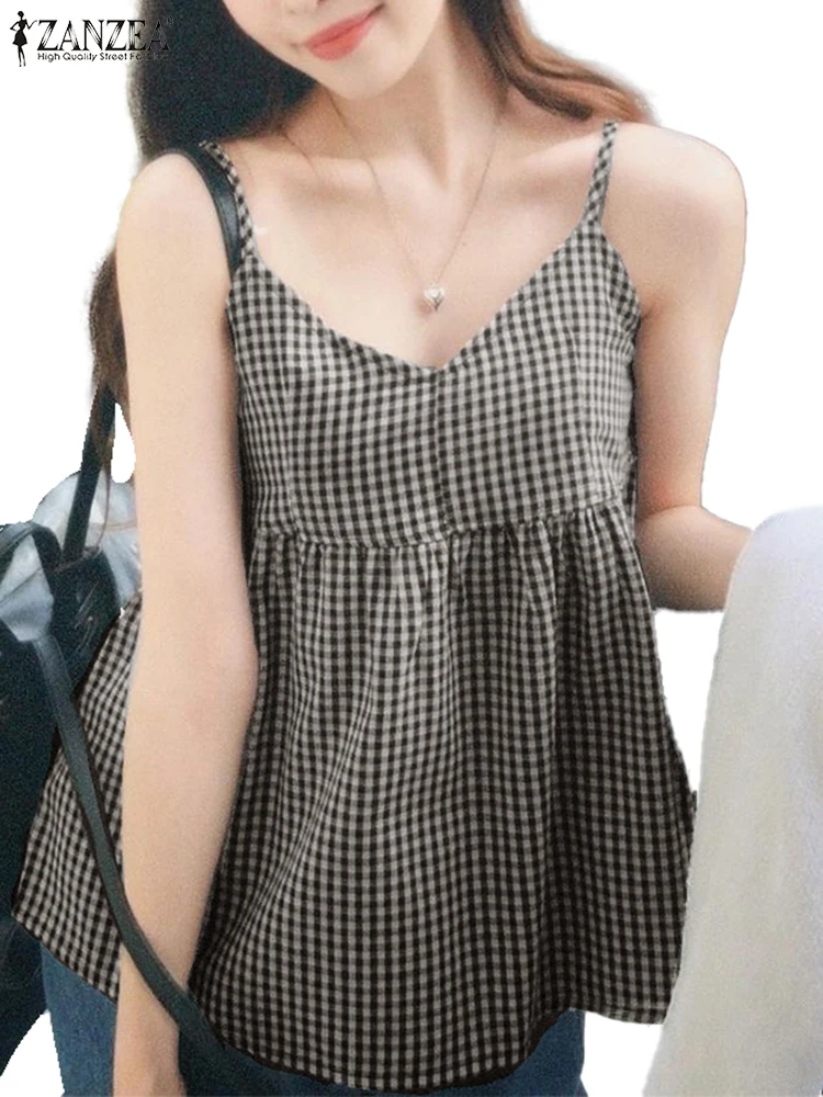 

ZANZEA Korean Fashion Classic Gingham Tops Day Wear Womens Spaghetti Straps V-Neck Camisoles 2025 Summer Sleeveless Tank Tops