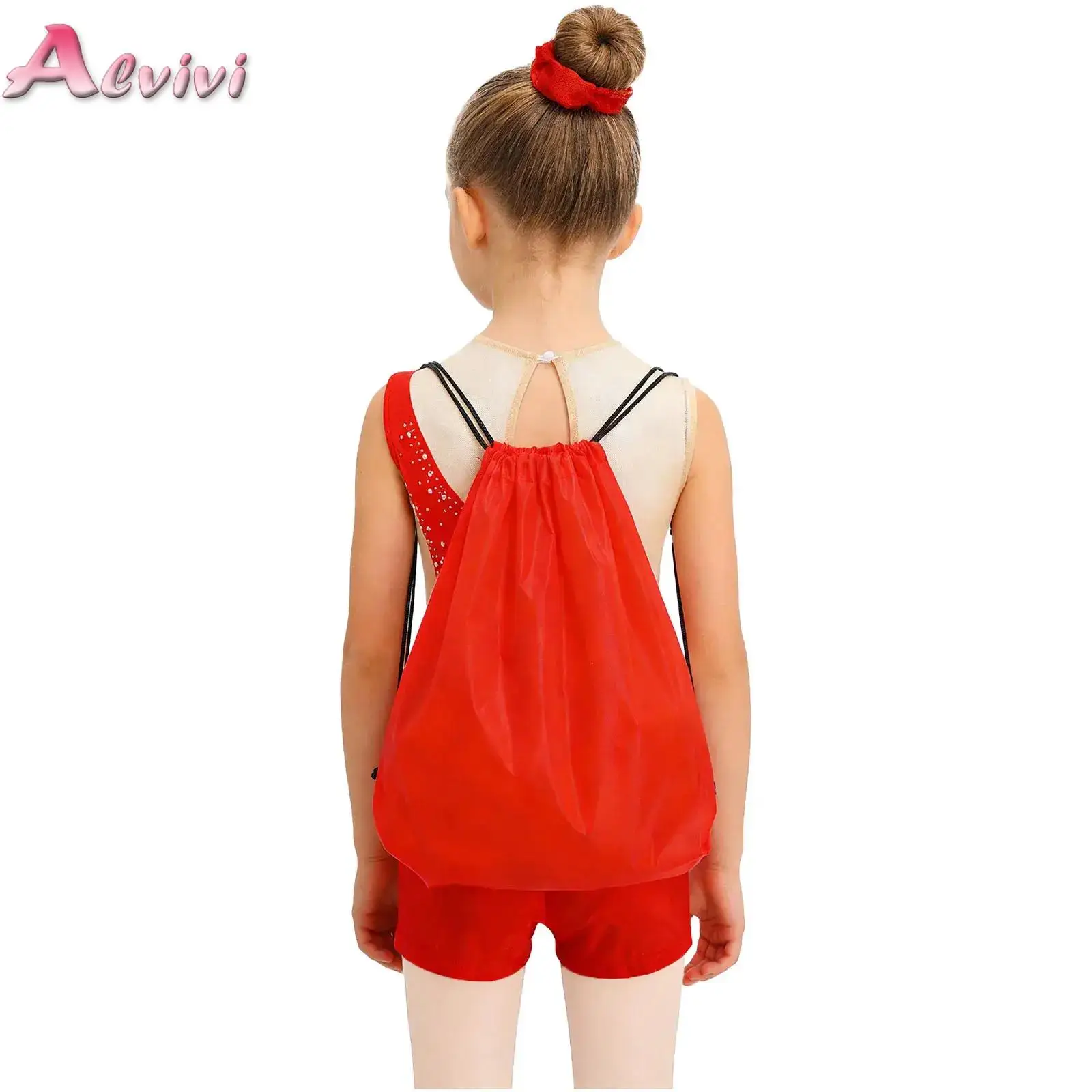 

Kids Girls Figure Skating Dance Outfit Sleeveless Mesh Patchwork Shiny Rhinestone Leotard with Shorts Hairband and Backpack Set
