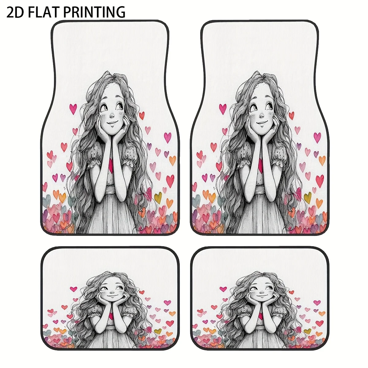4pcs Line Drawing Girl Heart Flower Surrounding Pattern Design Car Mats, Durable And Easy To Clean, Suitable For Most Sedans, SU