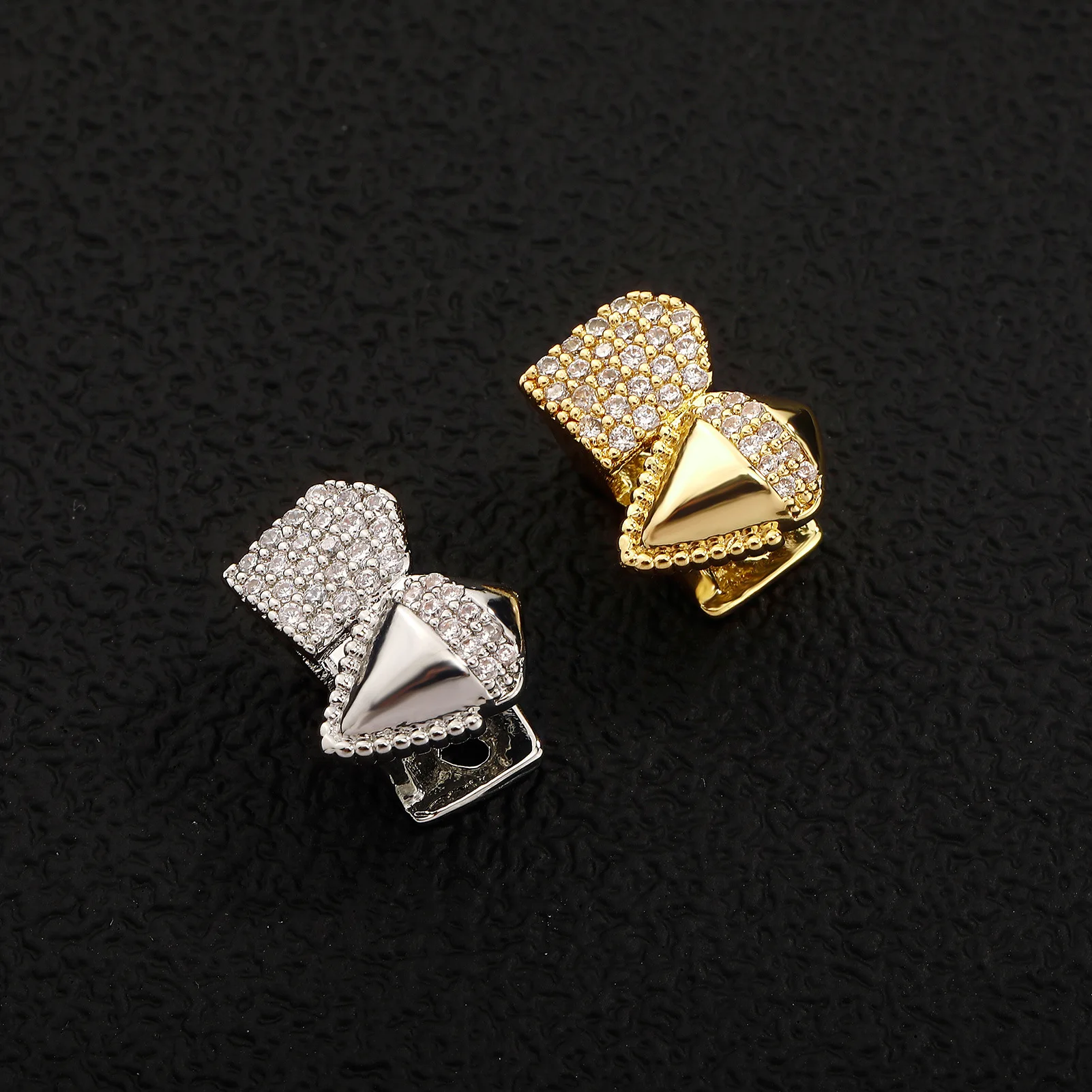 YOUNGX Hip Hop Double CZ Stone Teeth Grillz Fangs Punk Two Glossy Zircon Tooth Caps For Women Men Jewelry Party Gift