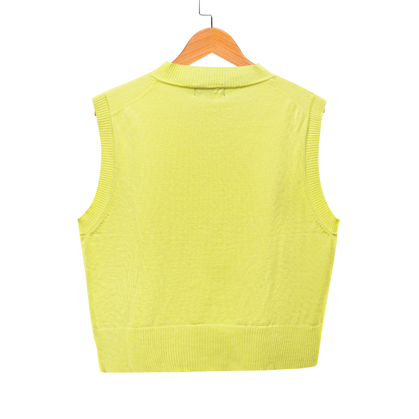 Women Knitted Sweater Tank Pullover Crochet Vest Bright Yellow Wool Acrylic Waistcoat Causal V-neck Sleeveless Femal Spring Top