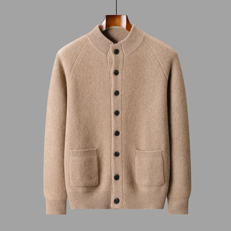 CHICUU Autumn Winter Men's 100% Cashmere Cardigan Coat Thick Mock Neck Long Sleeve Cashmere Sweater Smart Casual Knitwear Cloth